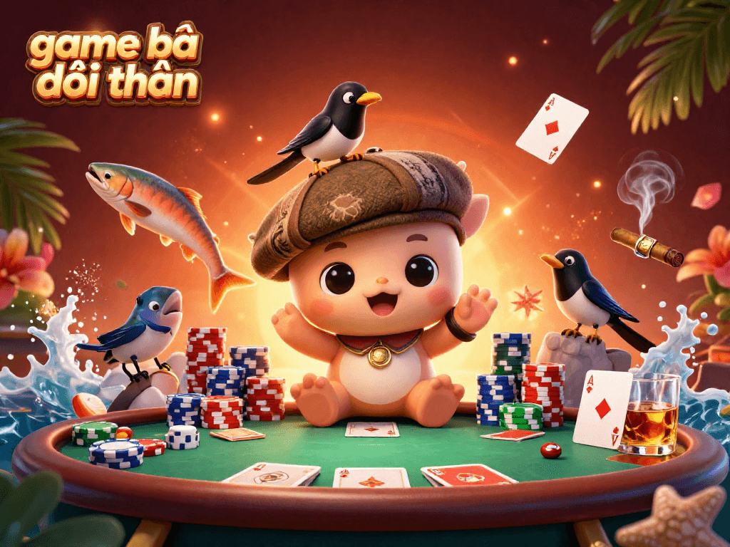 Play engaging game bài đổi thưởng with colorful poker elements and delightful characters.