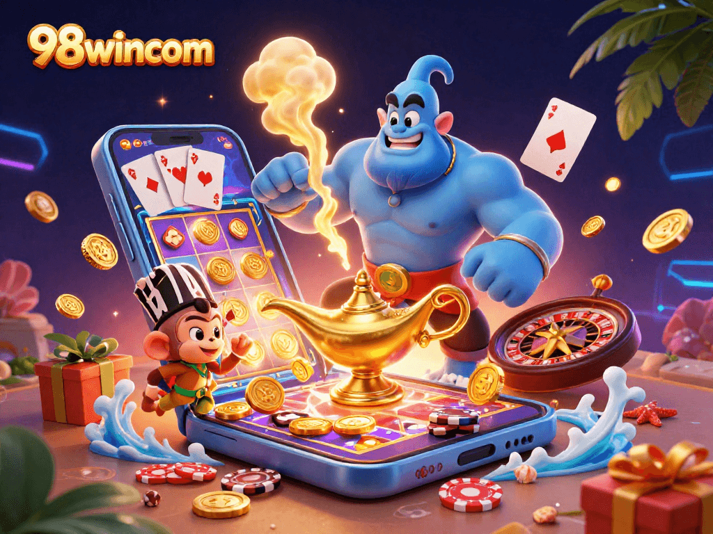 Experience the excitement of 98wincom with a vibrant casino scene featuring a genie, monkey, and colorful slot reels.
