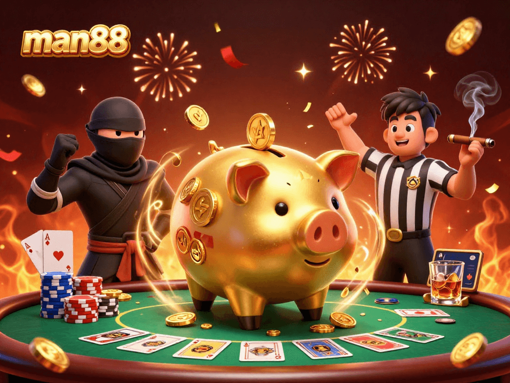 Join the excitement with man88 as the golden piggy bank sumo wrestler shakes loose coins in a vibrant casino scene.
