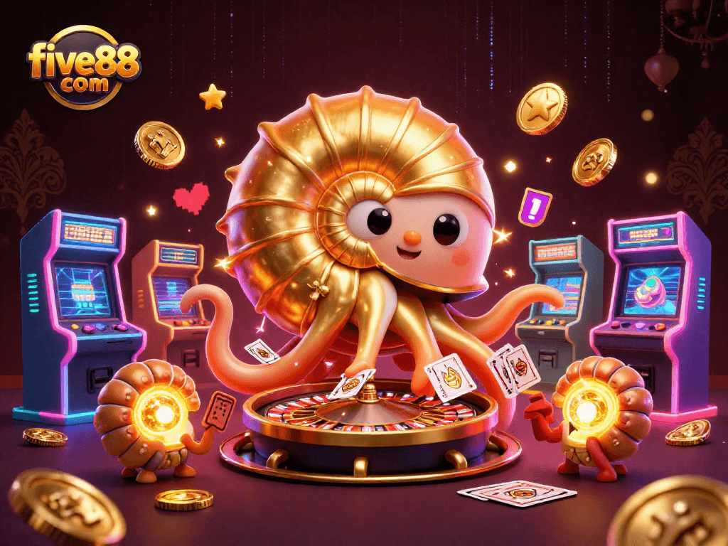 Experience the thrilling world of five88 com with a vibrant 3D casino illustration showcasing card games and arcade fun.