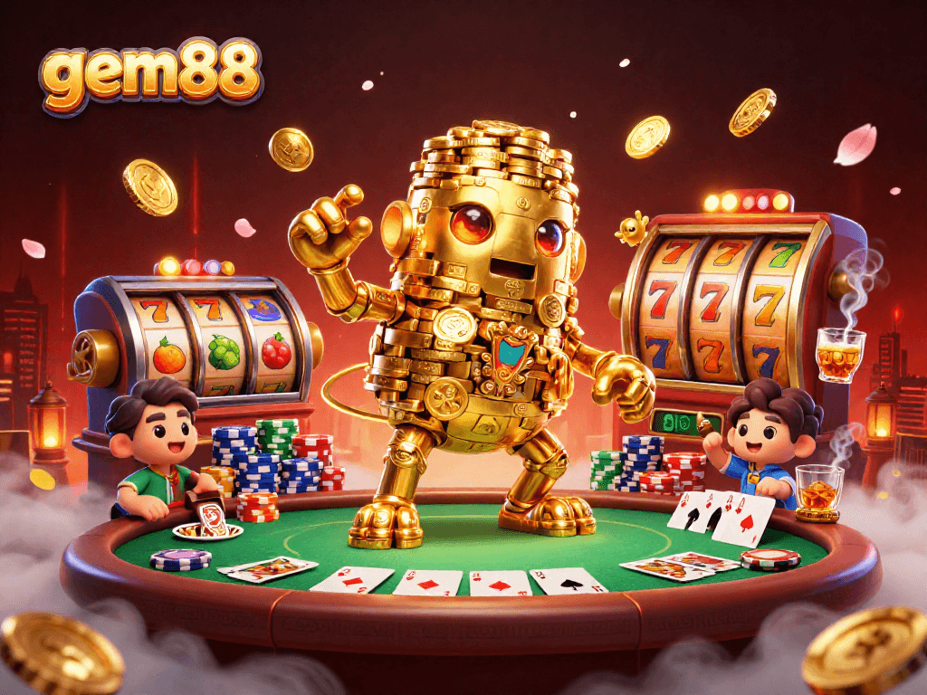 Experience gem88's vibrant gameplay with colorful characters and dynamic casino elements in this rich illustration.