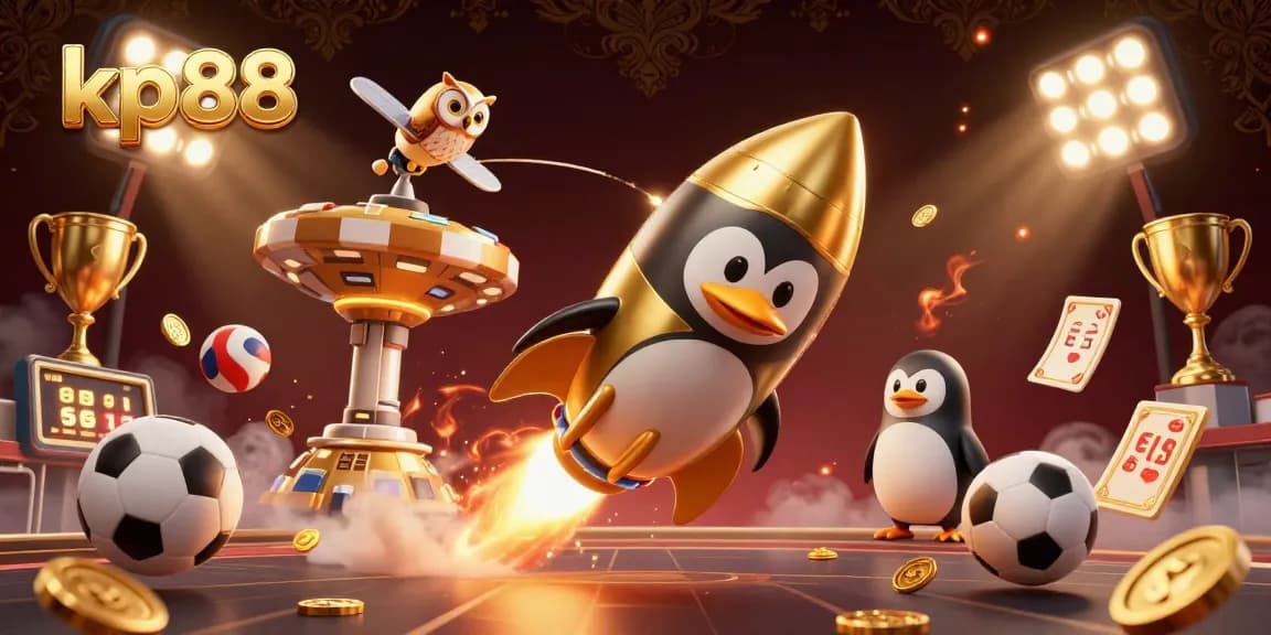 Experience thrilling games with kp88's dynamic casino scene featuring a golden penguin and sports elements.