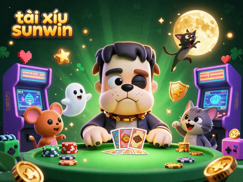 Engage in tài xỉu sunwin with whimsical characters in a vibrant casino scene, sparking excitement.