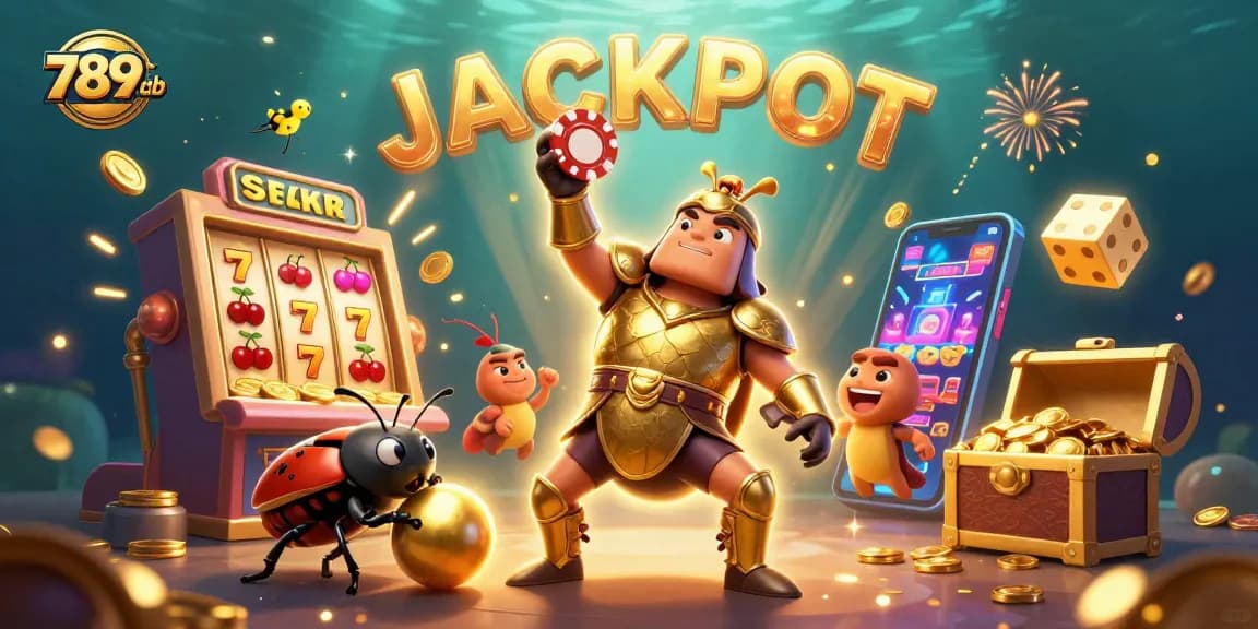 Win big with 789club as the heroic beetle celebrates a jackpot in this vibrant casino scene.
