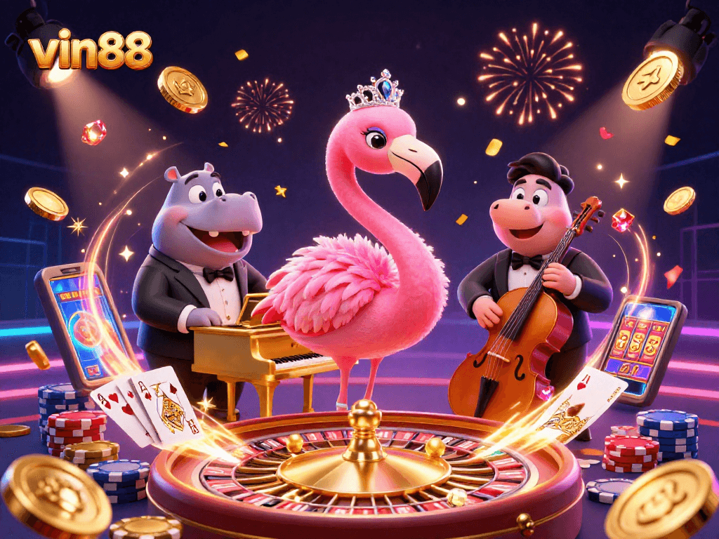 Experience vin88's vibrant casino atmosphere with a flamingo singer and hippo bassist amid colorful chips and coins.