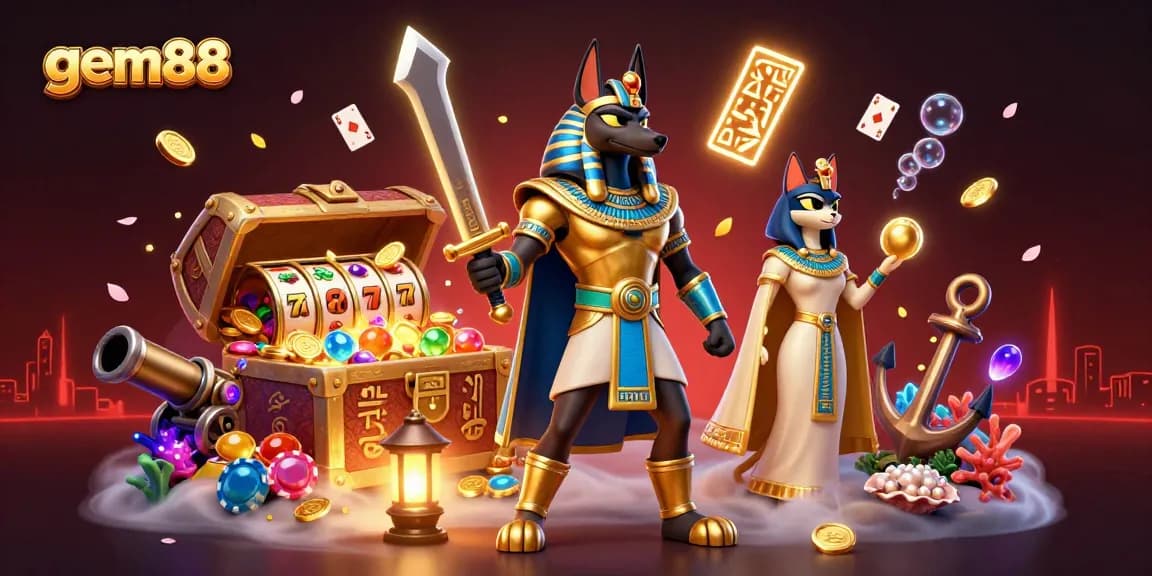 Win big with gem88 in an exciting casino adventure featuring Anubis and treasure elements.