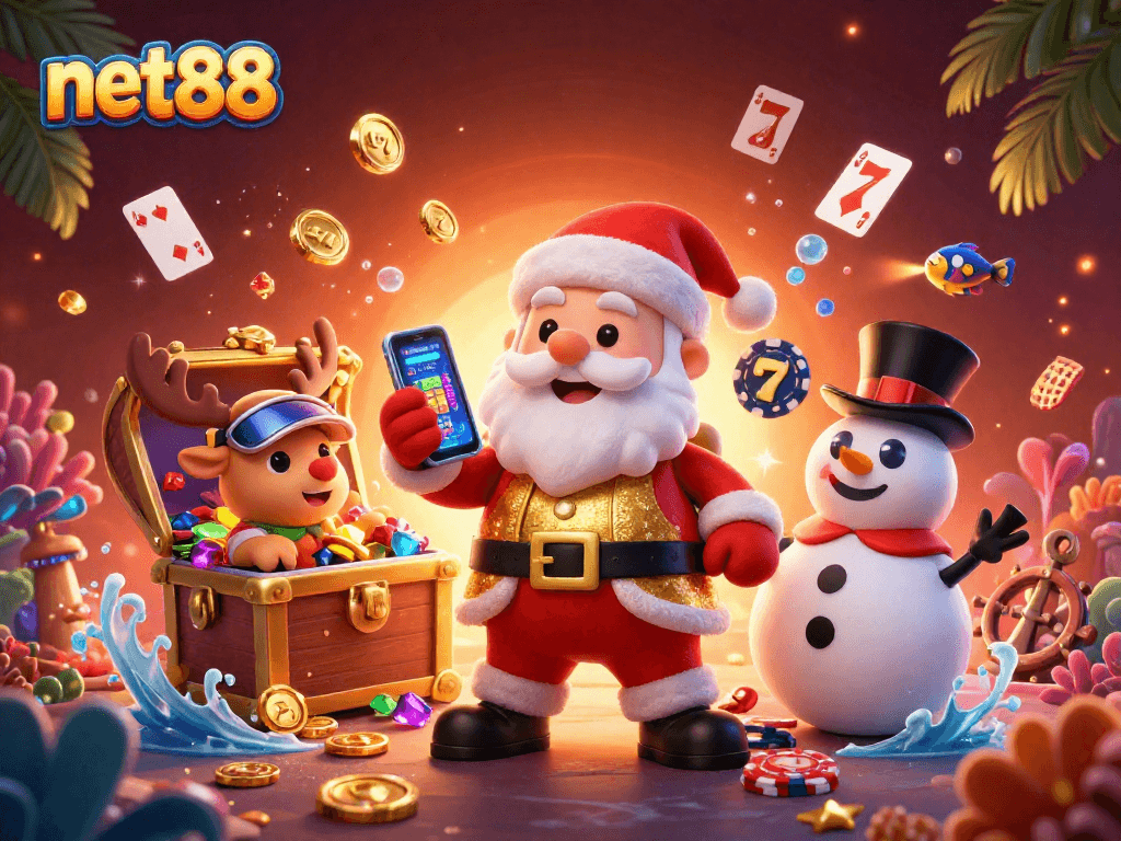 Experience thrilling wins with net88 at a vibrant casino scene featuring Santa and friends.