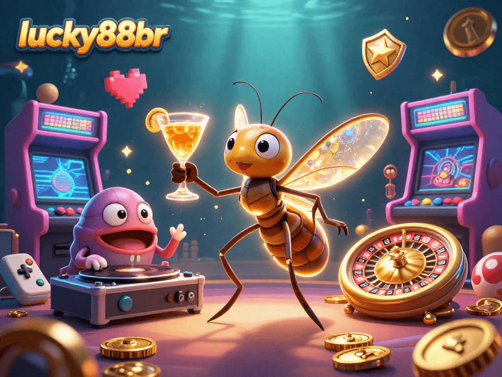Engage with lucky88br in a vibrant casino scene featuring a lively 3D mascot and dynamic elements.
