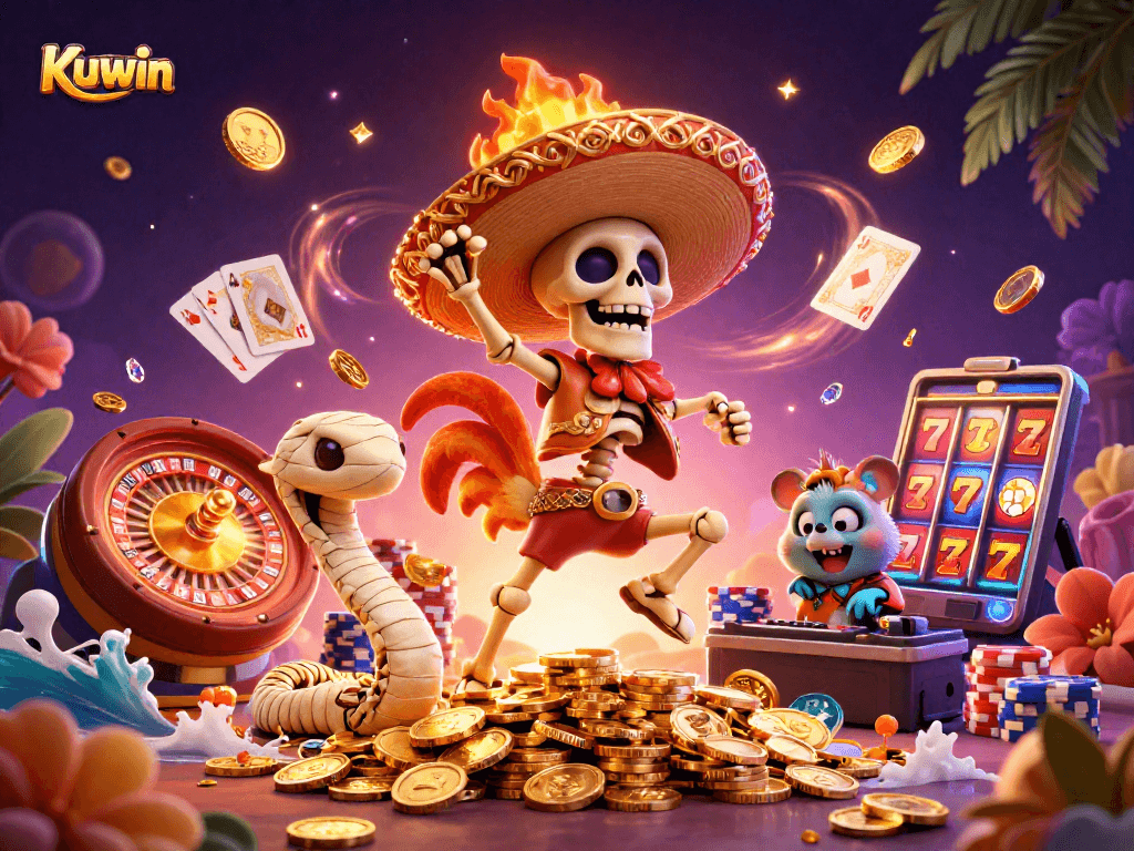 Kuwin's vibrant casino scene featuring unique characters celebrating amid cascading coins and colorful gaming elements