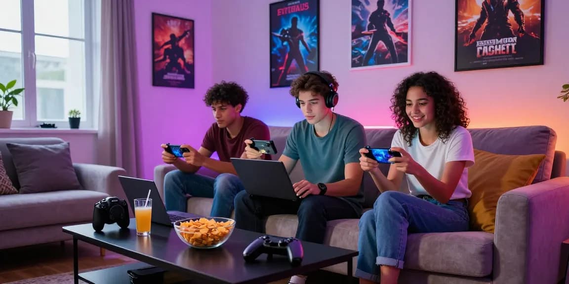 Dynamic scene of young adults enjoying porn games online in a stylish living room.