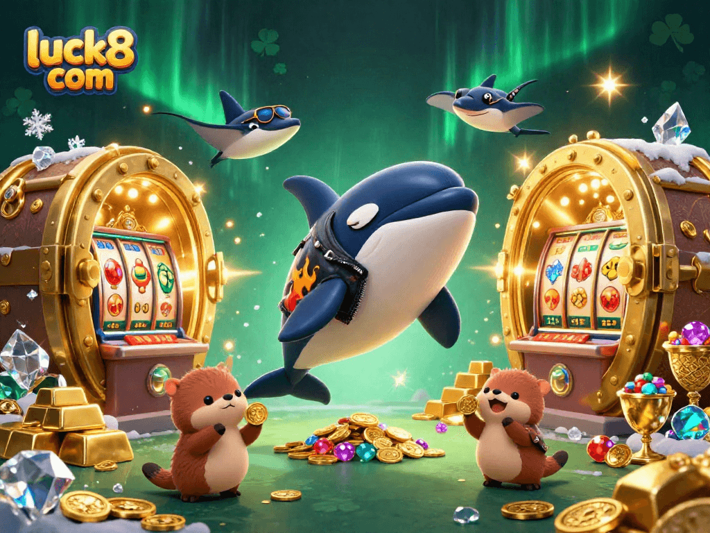 Engage in exciting gameplay like luck8 com with the orca and otters surrounded by golden treasure and jackpot elements.