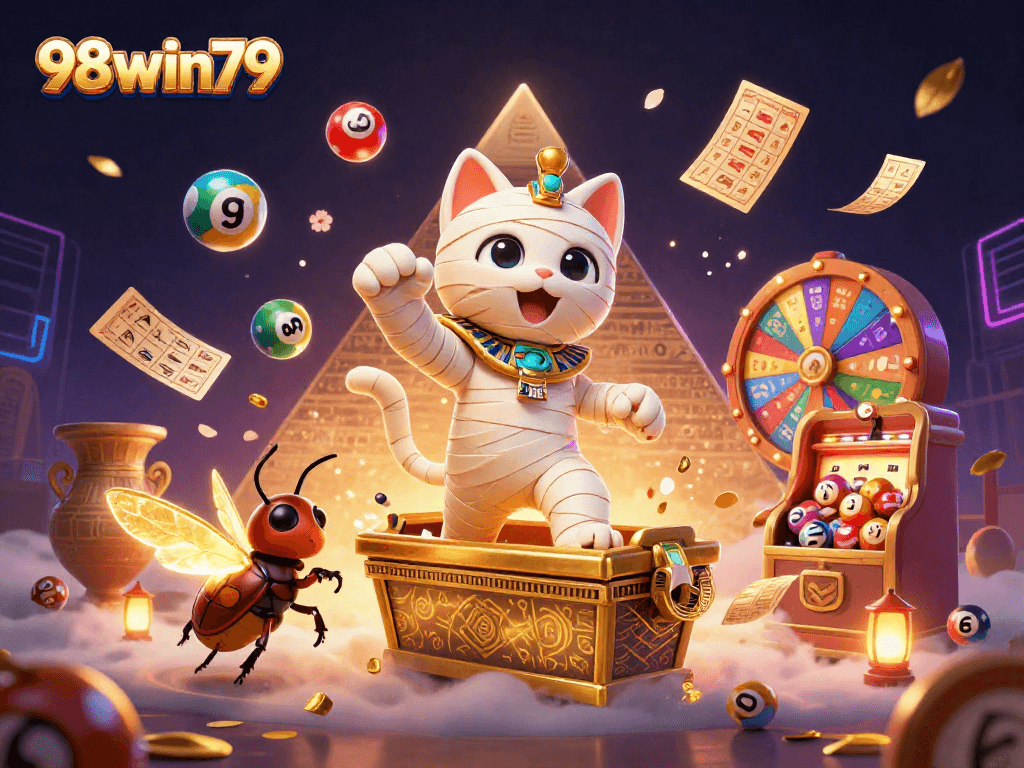 Experience the thrill at 98win79 with a vibrant casino scene featuring a dynamic mummy cat and energetic game elements.