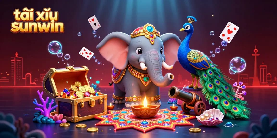Engage with tài xỉu sunwin in this vibrant 3D illustration featuring energetic casino elements and a colorful Diwali-themed scene.