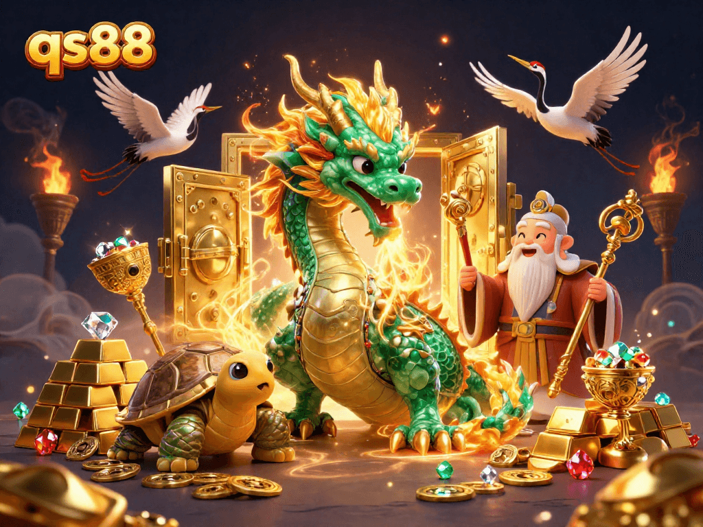 Experience the thrill with qs88, featuring a jade dragon, a turtle sage, and vibrant gambling elements.