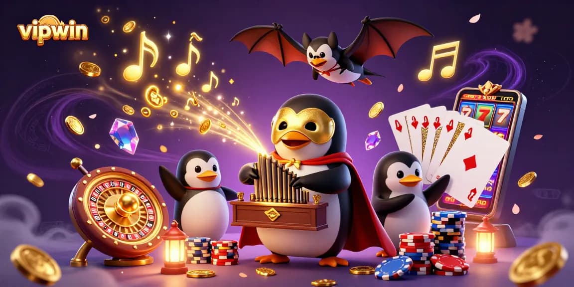 Experience the thrill of vipwin with a vibrant casino scene featuring 3D characters, coins, and gaming elements.
