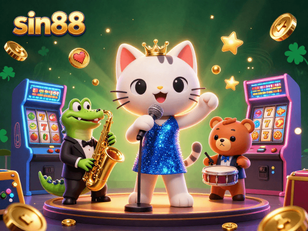 Play sin88 slots with a jazzy trio of 3D characters in a colorful casino scene.