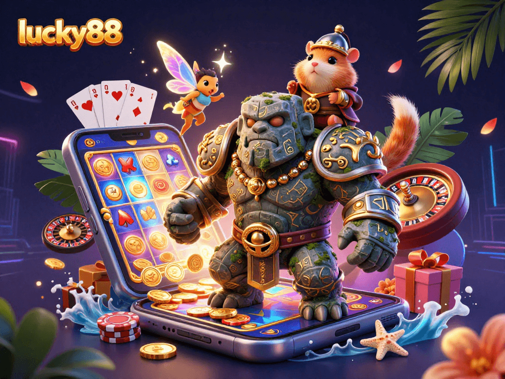 Experience lucky88's thrilling slots adventure with a magical golem guardian, fairy, and hamster knight.