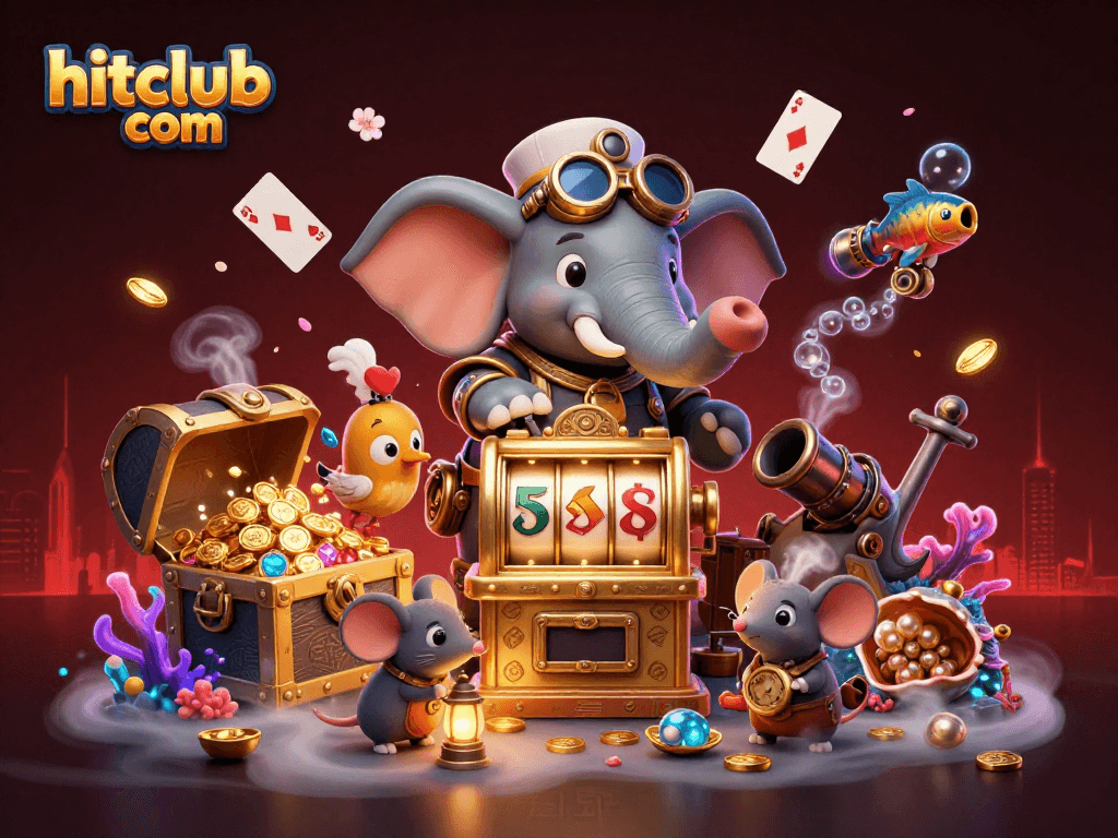 Play exciting casino slots at hitclub com, featuring golden machines and colorful gems bursting with rewards.