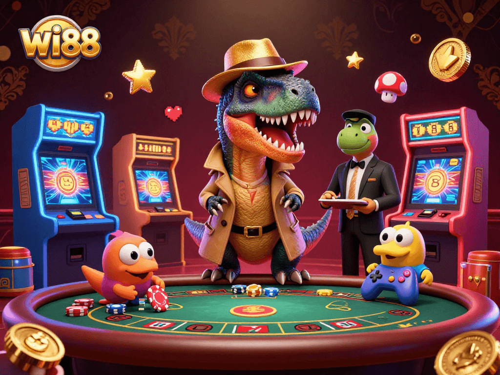 Experience the excitement with wi88's cartoon velociraptor and stegosaurus at a blackjack table in a vibrant casino.