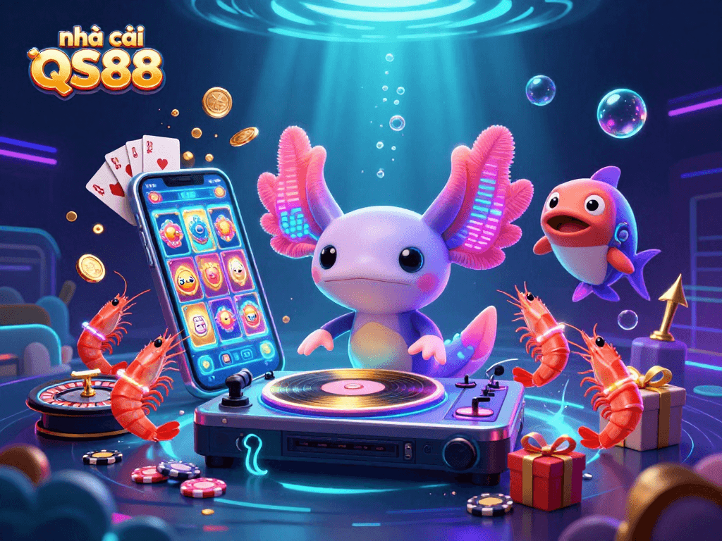 Experience vibrant gaming action with nhà cái QS88, featuring a neon axolotl DJ energized with underwater casino elements.