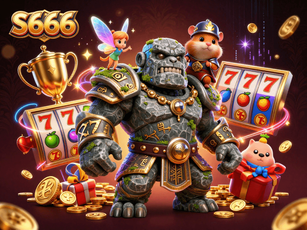 S666 jackpot magic featuring a stone golem, fairy, and hamster knight amidst slot reels and sparkling gold coins