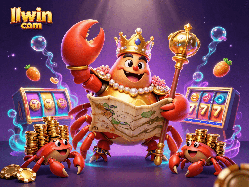 Experience thrilling gaming action at llwin com with our vibrant 3D crab emperor graphic featuring dynamic casino symbols.