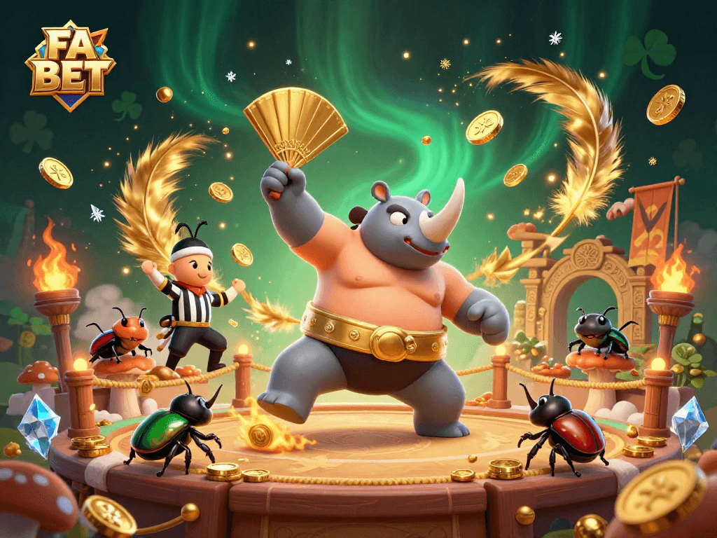 FA BET showcases a thrilling casino scene with a sumo champion beetle and cricket referee amidst flying coins.