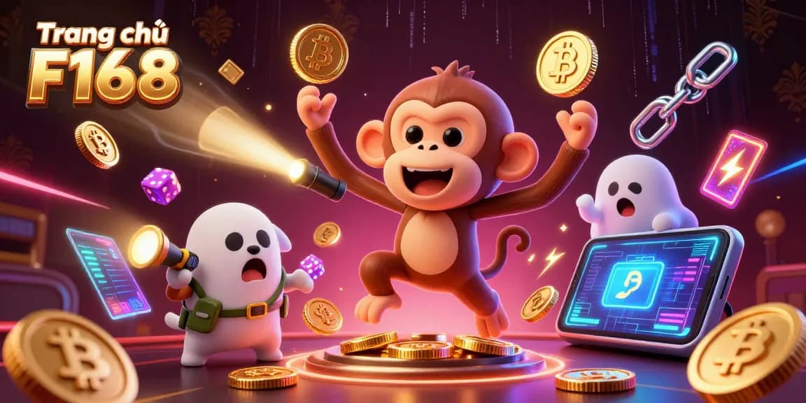 Engage with the thrilling world of Trang chủ F168 showcasing a mischievous monkey and a ghost-hunter puppy in a vibrant casino.
