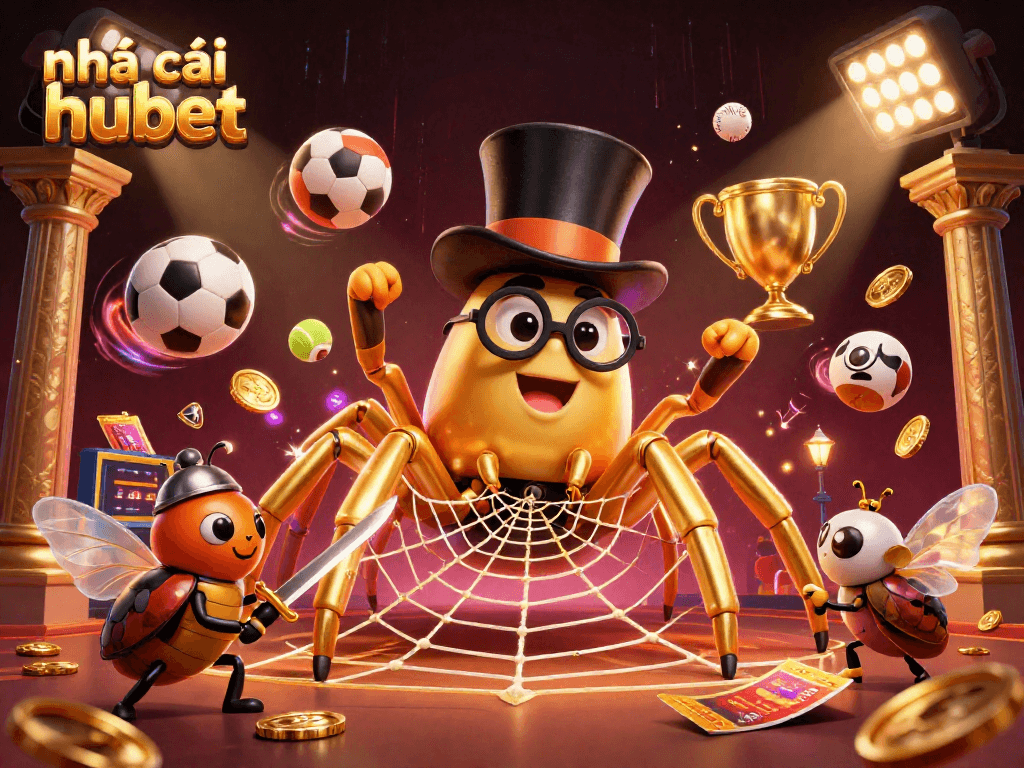 Experience dynamic gaming at nhà cái hubet with a vibrant 3D illustration featuring key casino elements.