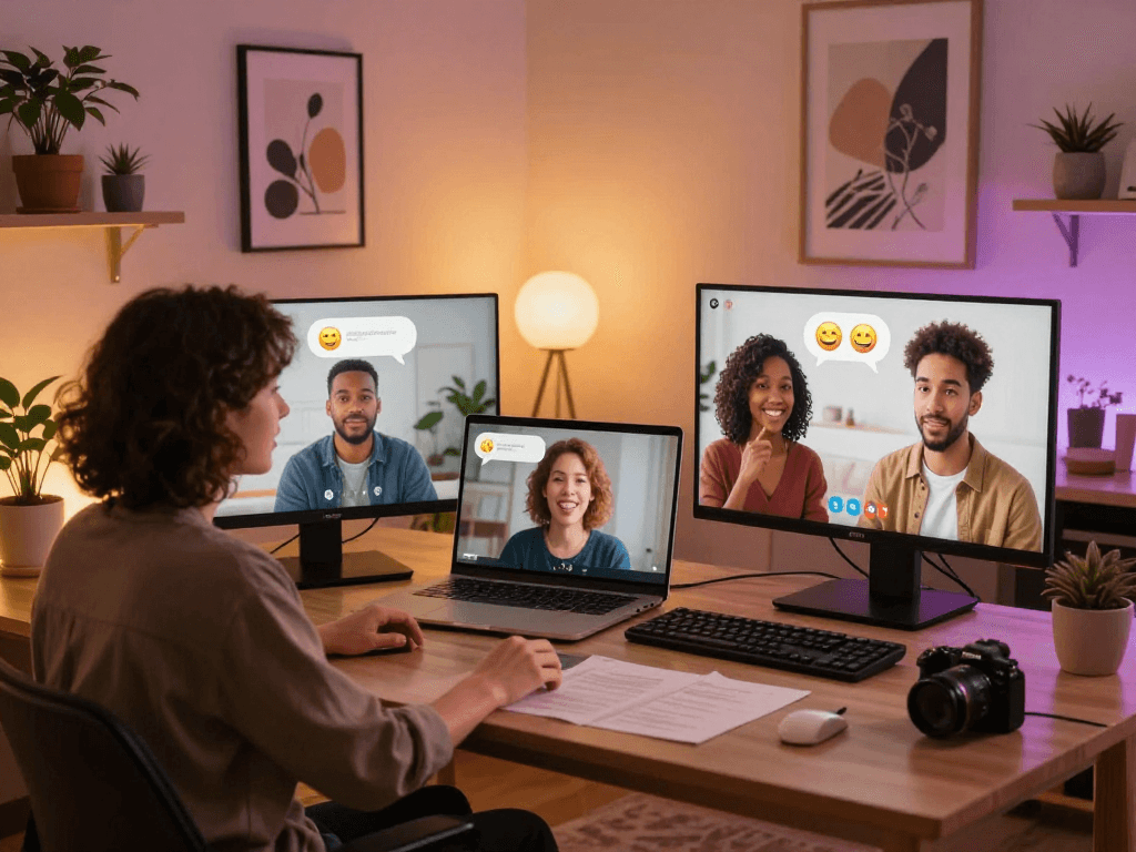 Engaging scene of diverse avatars in a porn chat ai setting, depicting friendly conversation and connection.