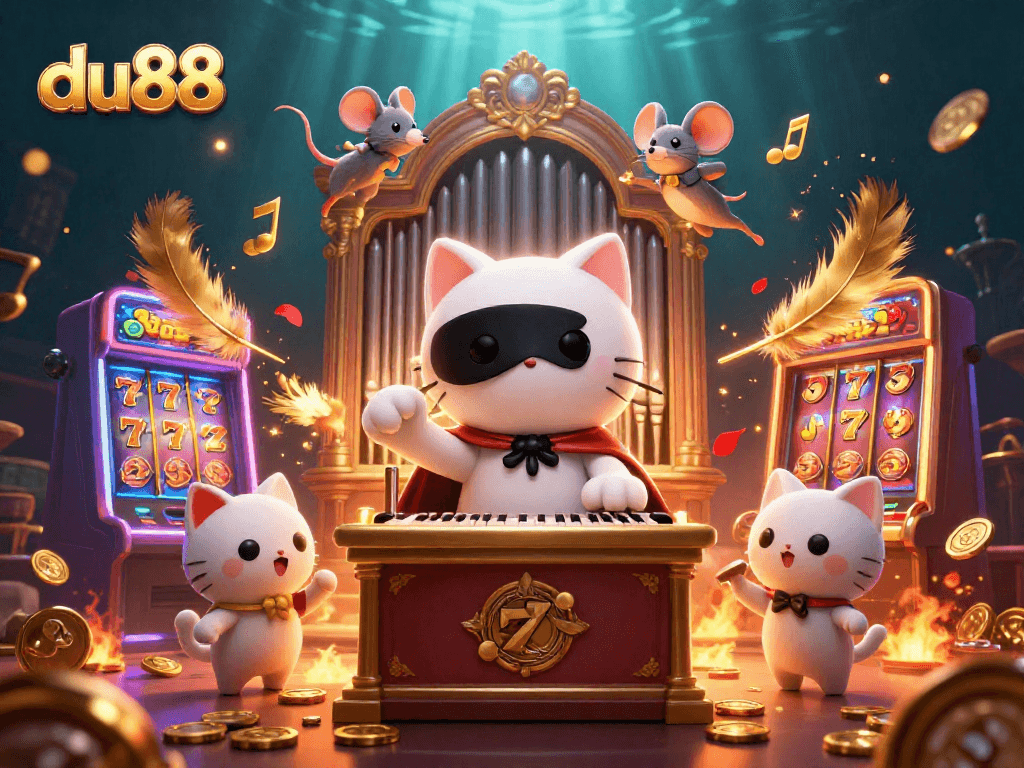 Experience thrilling wins at du88 with a vibrant casino scene featuring a whimsical white cat and mouse.