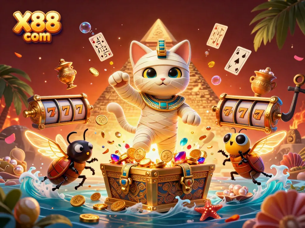 X88 com illuminates the online casino world as the mummy cat bursts from the golden sarcophagus, surrounded by vibrant gaming elements.