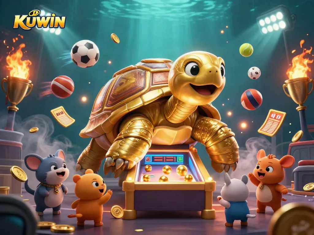 Experience gaming thrills with KUWIN, showcasing a golden tortoise pinball amidst dynamic sports elements.