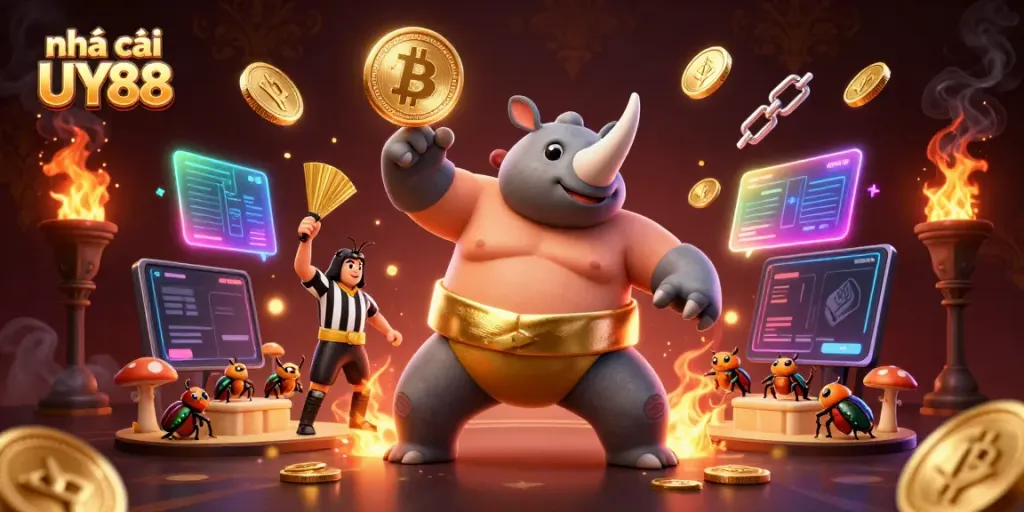 Experience the thrill at nhà cái UY88 with the sumo beetle champion surrounded by winnings and vibrant game elements.