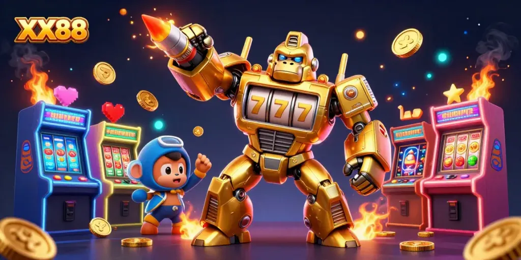 Engage in casino adventures with XX88 as the golden gorilla mech unleashes jackpots and fun!