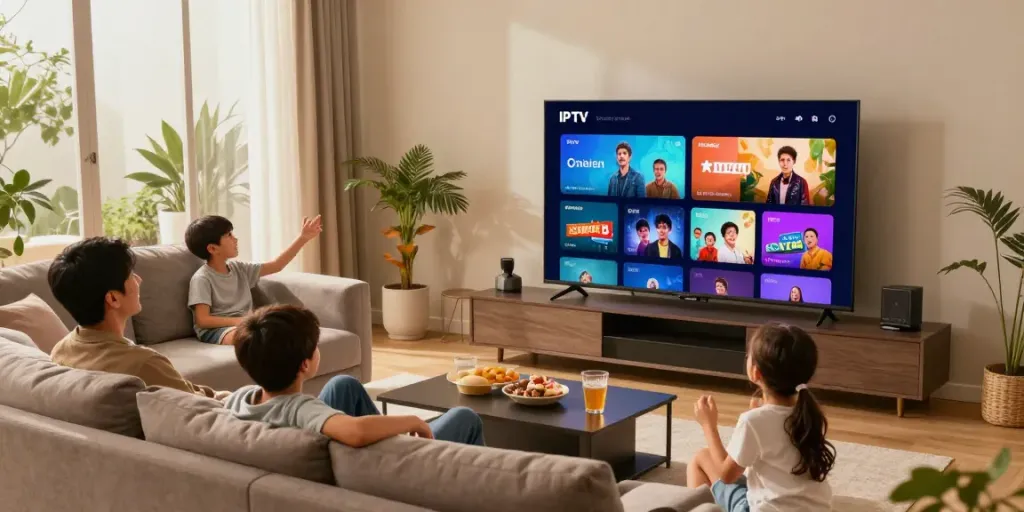 Family enjoying IPTV subscription USA while watching movies together in a cozy living room.