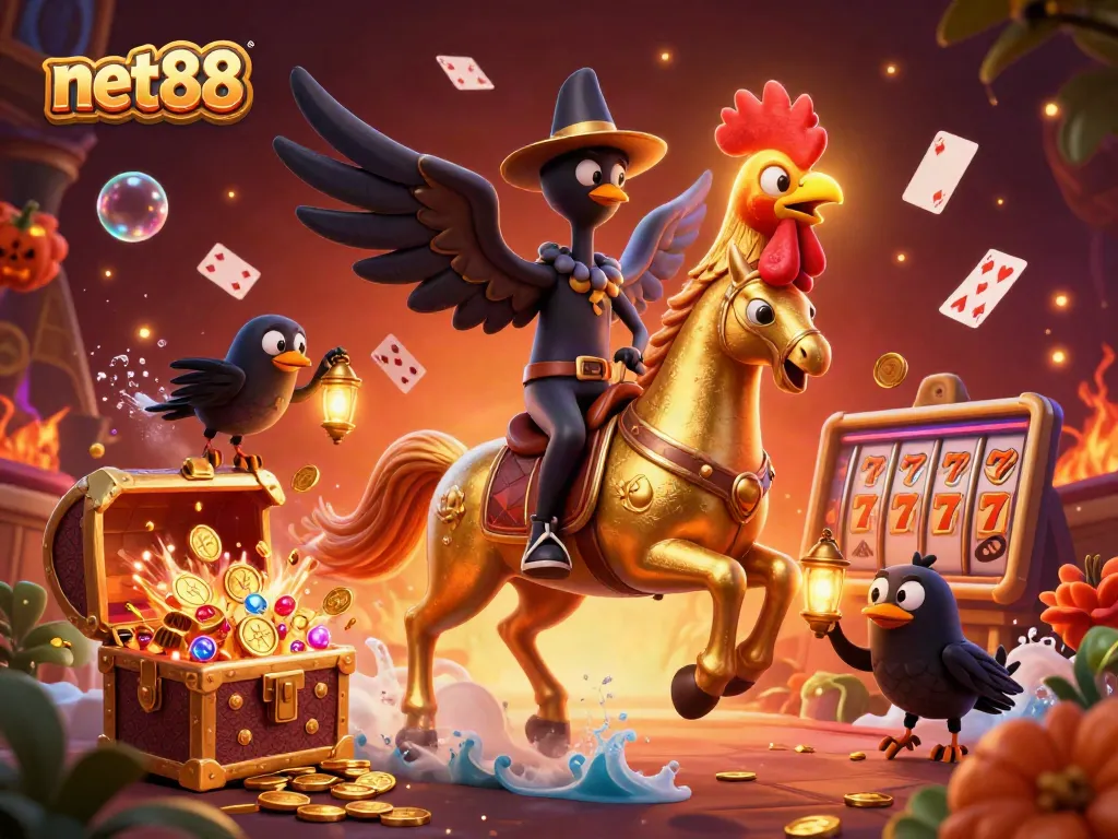 Experience the excitement of net88's casino with a golden rooster character amid vibrant gaming elements.