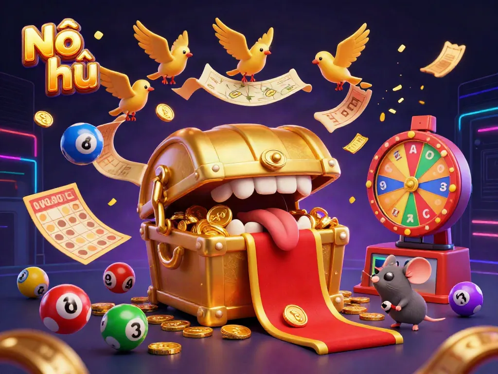 Nổ hũ jackpot scene featuring a golden treasure chest, colorful lottery balls, and dynamic casino elements.