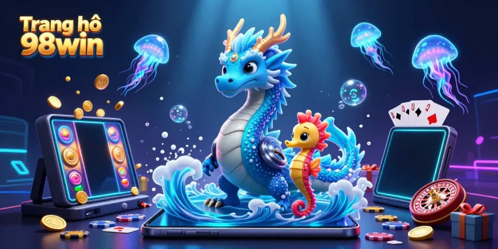 Engage with the vibrant undersea adventure of Trang chủ 98win featuring a dragon, seahorse knight, and slot games.