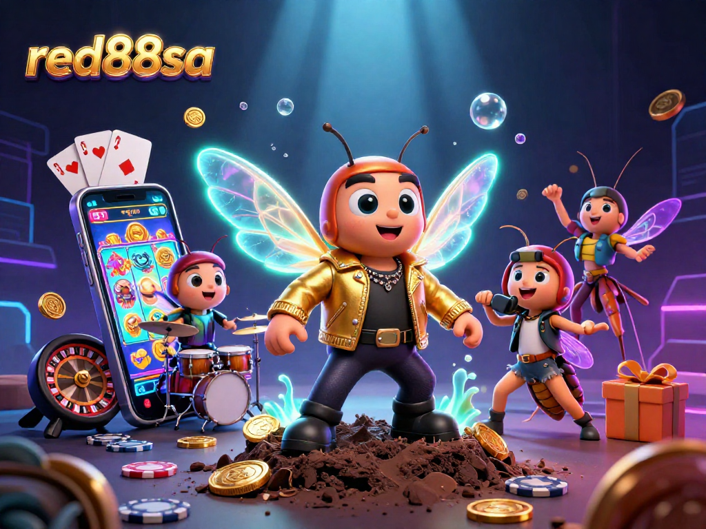 Play exciting slot games with red88sa, featuring a vibrant rock star scene and colorful game elements.