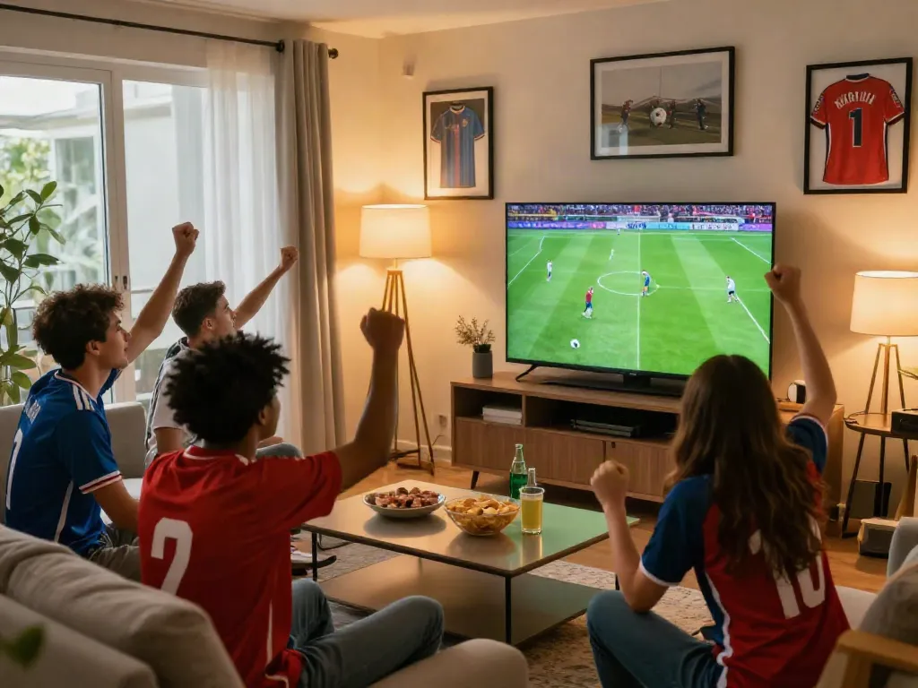 Excited friends enjoying ThapcamTV's live football match in a cozy living room.