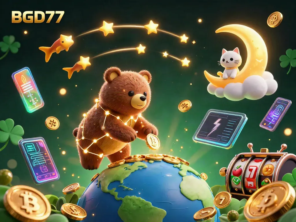 Win big with BGD77 in this vibrant 3D casino-themed illustration filled with games and excitement.