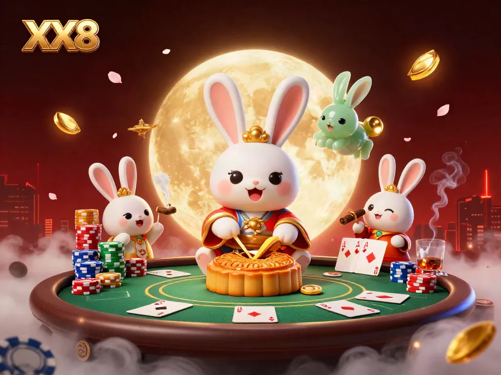 Engage in thrilling poker games with XX8 featuring cartoon moon rabbit characters in a vibrant celestial setting.