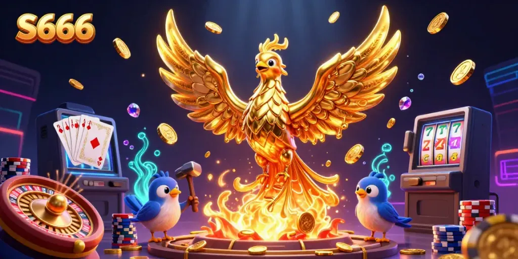 Experience thrilling gameplay with S666, featuring a golden phoenix, sparkling coins, and casino elements.