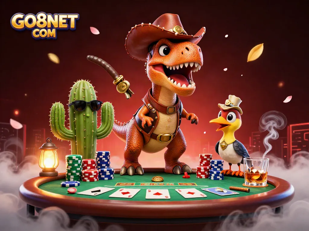 Experience high-stakes poker with GO8NET COM featuring a cowboy dinosaur and vibrant gaming elements.
