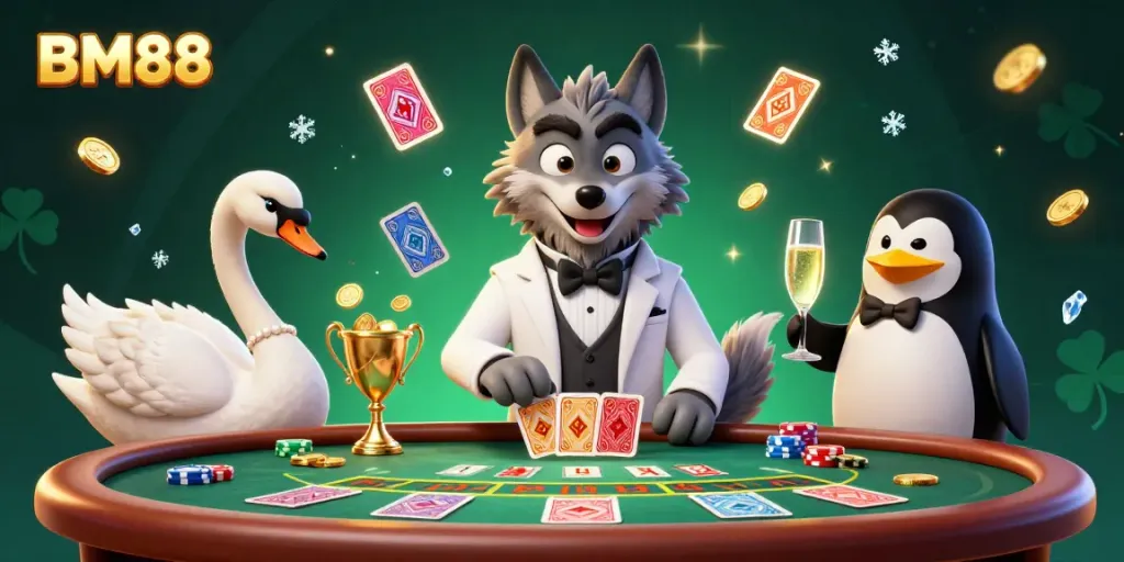 Experience the thrill of BM88 with elegantly dressed characters at a vibrant baccarat table.