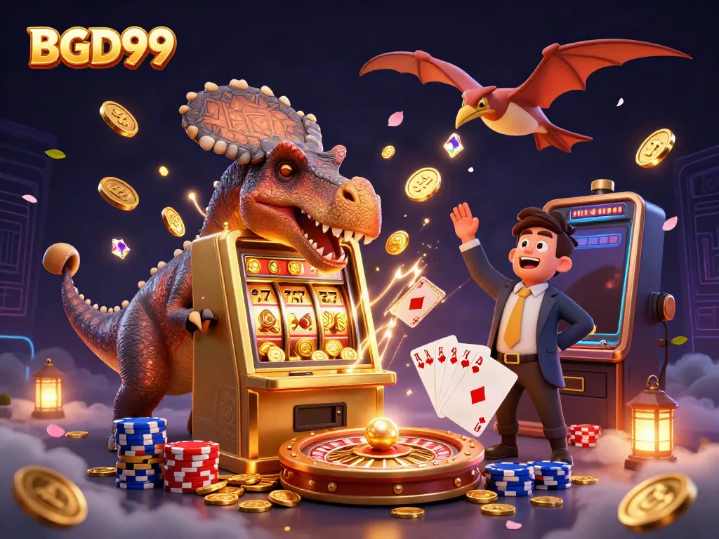 Experience BGD99's exciting jackpots as a pachycephalosaurus wins coins, joined by dynamic casino characters.