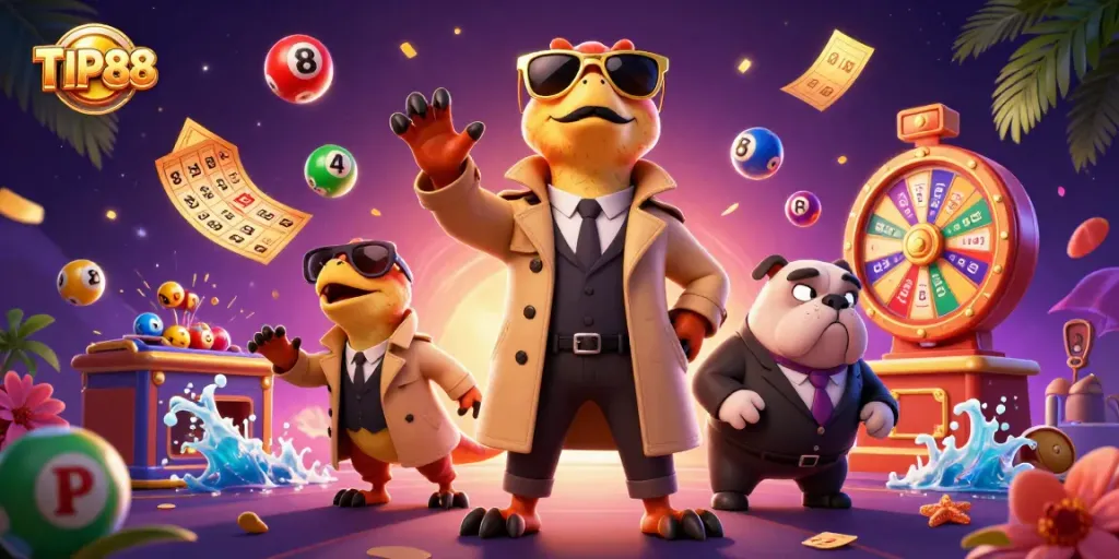 Experience fun and excitement with TIP88 in this vibrant casino-themed digital art featuring raptors.
