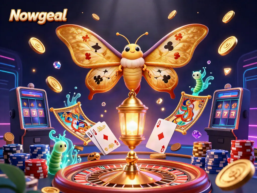 Engage with Nowgoal's vibrant casino experience, showcasing golden moths, shimmering coins, and dynamic game elements.