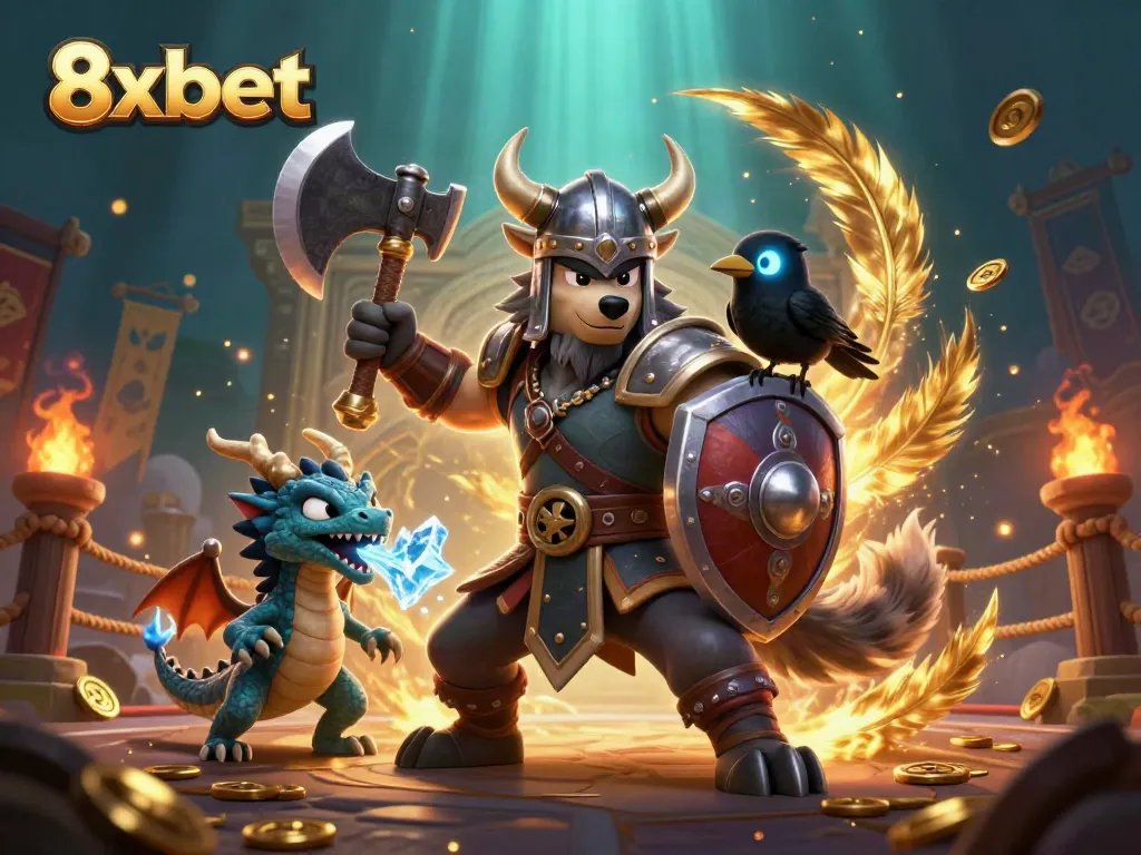 Join the adventure with 8xbet in this vibrant 3D illustration featuring a Viking wolf warrior and dragon.